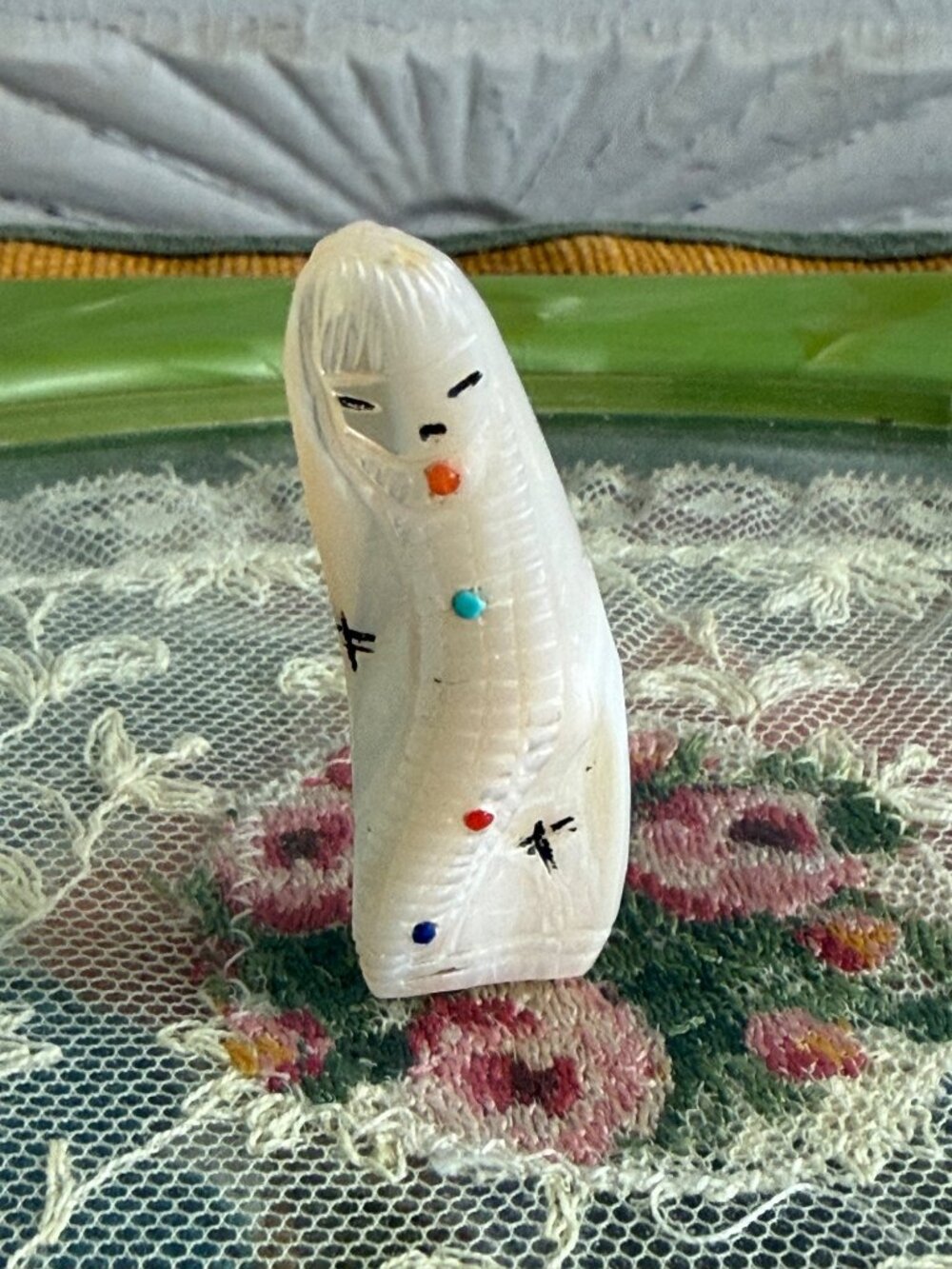 Vintage 60s Carved Zuni Fetish Two Sided Corn Maiden MOP Pearl Shell